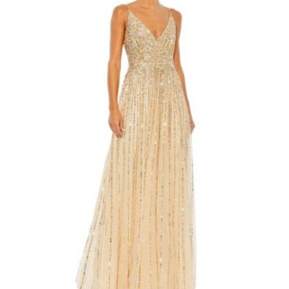 Mac Duggal Nude Sequin Sleeveless Surplice V Neck A-Line Gown